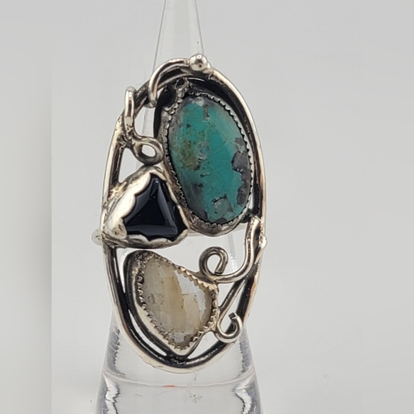 3 STONE RING ONYX TURQUOISE & SILLIMANITE HANDMADE IN STERLING SILVER METAL 9 - Picture 1 of 7